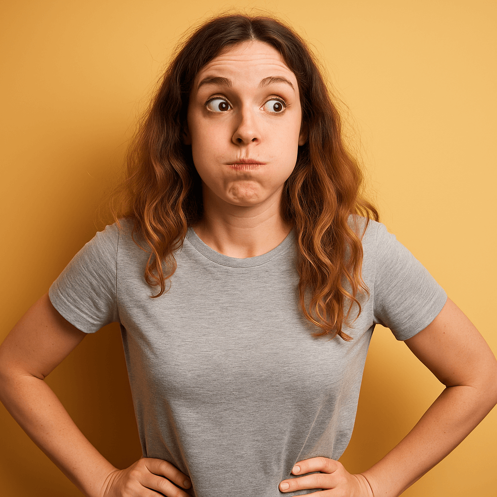 Playful woman puffing her cheeks to represent bloating and digestive discomfort linked to cow dairy intolerance and A1 milk sensitivity.
